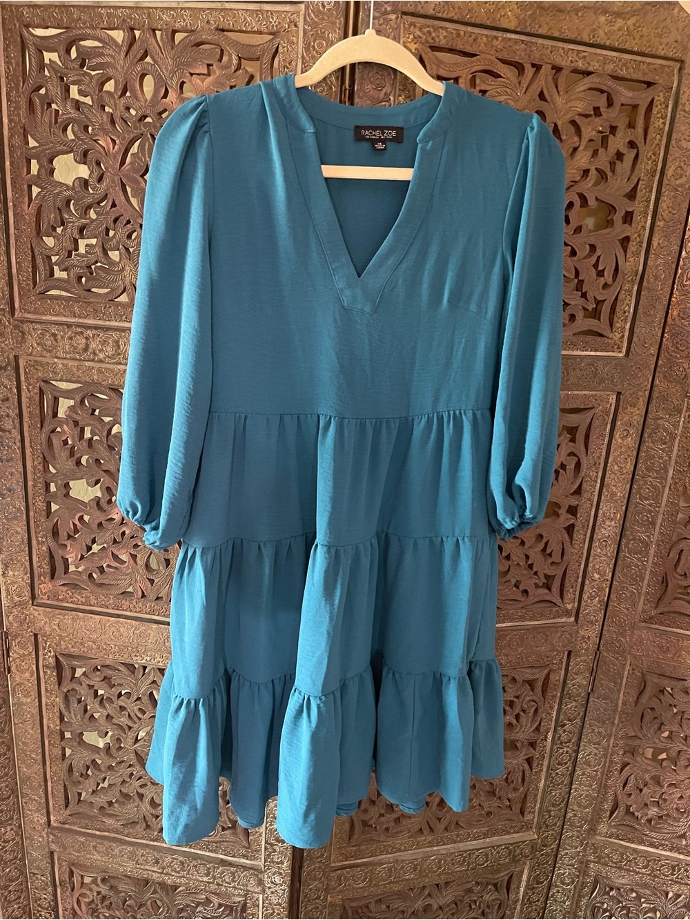 Rachel Zoe Teal V-Neck 3-Tiered Mini Dress - Boho Chic with Puff Long Sleeves